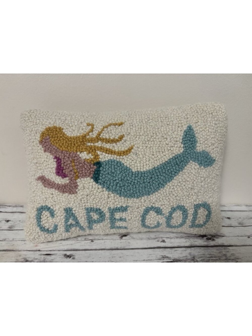 Cape Cod Hook Throw Pillow, Wool & Cotton, Mermaid 8x12” Small Mini
